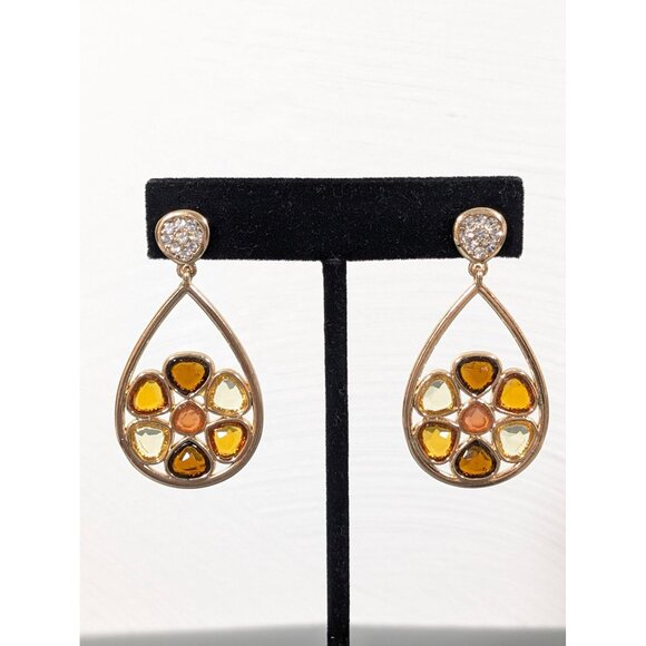 Gold Tone Brown Amber Color FLower Teardrop Dangle Earrings Pierced - Picture 1 of 7